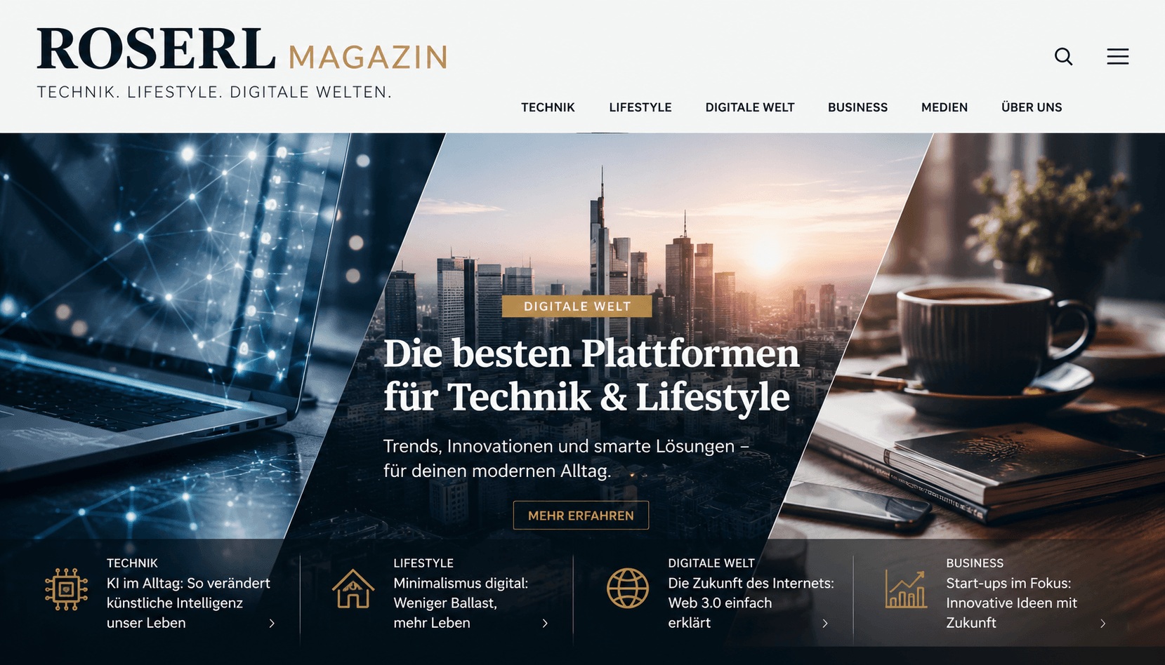Headerbild des Roserl Magazins mit digitalen Themenwelten, Technik und Lifestyle