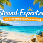 Tropischer Naturstrand mit Strand-Expert.eu Logo und türkisblauem Meer