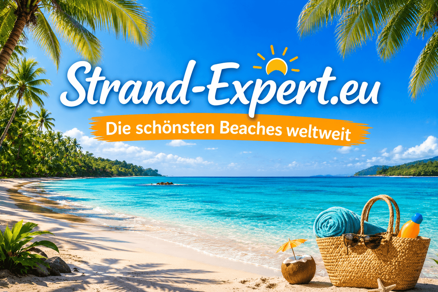Tropischer Naturstrand mit Strand-Expert.eu Logo und türkisblauem Meer